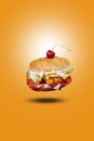 Juicy mini snack flying burger, hamburger or cheeseburger with one chicken patties, with sauce. Concept of American fast food. Royalty Free Stock Photo