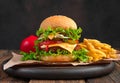 Juicy, mouthwatering burger and French fries on a brown background with space to copy.