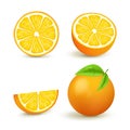 Juicy orange set with slice and leaves. Fresh citrus fruits whole and halves isolated vector illustration. 3D isolated Royalty Free Stock Photo