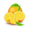 Juicy orange with slice and leaves. Fresh citrus fruits whole and halves isolated vector illustration. 3D isolated on Royalty Free Stock Photo