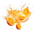 Juicy orange slices splash citrus liquids fresh fruits white background Royalty Free Stock Photo