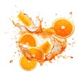 Juicy orange slices splash fluids liquids fresh fruits white background Royalty Free Stock Photo