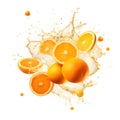 Juicy orange slices splash citrus liquids fresh fruits white background Royalty Free Stock Photo