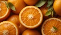 Juicy oranges are displayed, both whole and halved, showcasing vibrant, glossy
