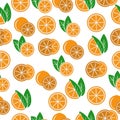 Juicy oranges seamless pattern, bright citrus fruits whole and halves with green leaves on a white background Royalty Free Stock Photo