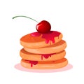 Juicy pancakes drizzled with jam and garnished with cherries. Vector Illustration of Pancakes with Maple Syrup and Royalty Free Stock Photo