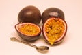 Juicy Passion Fruit Pulp. Passion Fruits Whole And Cut In Half.