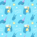 Juicy pattern in blue tones. Homemade lemonade lettering. Colorful hands with glasses and bottles of lemonade, V sign.