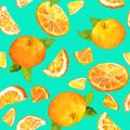 Juicy pattern with bright fresh oranges and green leaves. Seamless summer food pattern on cyan background. Watercolor Royalty Free Stock Photo