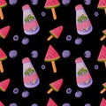 Juicy pattern of food taken for picnic: blueberry, lemonade, watermelon, sandwiches. Contrast background. Vector