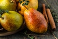 Juicy pears organic, beautiful fresh fruits on a wooden background
