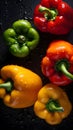 Juicy peppers - green, red, and yellow - freshly picked from the garden and covered in droplets of water.