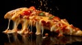 Juicy piece of delicious Italian pizza, melted cheese dripping down, pizza with vegetables Royalty Free Stock Photo