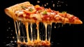 Juicy piece of delicious Italian pizza, melted cheese dripping down, pizza with vegetables Royalty Free Stock Photo