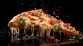 Juicy piece of delicious Italian pizza, melted cheese dripping down, pizza with vegetables Royalty Free Stock Photo