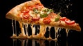 Juicy piece of delicious Italian pizza, melted cheese dripping down, pizza with vegetables Royalty Free Stock Photo