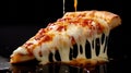 Juicy piece of delicious Italian pizza, melted cheese dripping down, pizza with vegetables Royalty Free Stock Photo