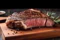 Juicy piece of medium rare steak on a wooden board. Generative AI Royalty Free Stock Photo