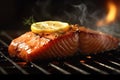 Juicy piece of salmon coocking on hot grill