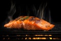 Juicy piece of salmon coocking on hot grill