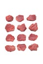 Juicy pieces of meat, top view. Rows raw Beef tenderloin steaks isolated on white background Royalty Free Stock Photo