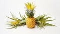 A juicy pineapple, its spiky exterior offset by tropical pineapple blossoms and leaves