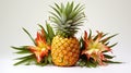A juicy pineapple, its spiky exterior offset by tropical pineapple blossoms and leaves