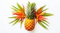 A juicy pineapple, its spiky exterior offset by tropical pineapple blossoms and leaves