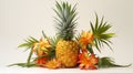 A juicy pineapple, its spiky exterior offset by tropical pineapple blossoms and leaves