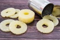 Yellow juicy pineapple rings and a can. Caramelized canned pineapple. Raw food diet. Close-up plan. Woody background. Royalty Free Stock Photo