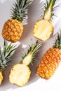 Juicy pineapple on a white background. A whole pineapple and a cut off half. Palm tree shade, creative lighting.