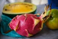 Juicy pink pitaya and yellow watermelon