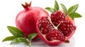 Juicy pomegranate and its half with leaves Royalty Free Stock Photo