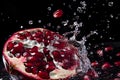 Juicy pomegranate with water splash, seeds bursting with healthy antioxidants Royalty Free Stock Photo