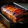 Juicy pork belly baked right out of the oven. Massive pork meat grilled in an iron skillet.