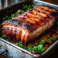 Juicy pork belly baked right out of the oven. Massive pork meat grilled in an iron skillet.