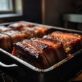 Juicy pork belly baked right out of the oven. Massive pork meat grilled in an iron skillet.