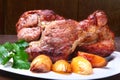 Juicy pork neck chops are grilled with potatoes on a white plate. Royalty Free Stock Photo