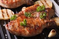 Juicy pork steak grilled with onions in a pan grill closeup Royalty Free Stock Photo