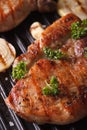 Juicy pork steak grilled in a pan grill macro vertical Royalty Free Stock Photo