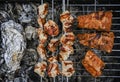 Juicy Pork steak, ribs and chicken meat on bbq grill, homemade barbecue, closeup Royalty Free Stock Photo