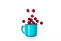Juicy raspberry in blue mug isolated on white background selective focus top view Royalty Free Stock Photo