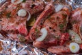 Juicy raw pork steak meat ready for grill. Selective focus Royalty Free Stock Photo