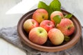 Juicy red apples in a clay plate on a white table