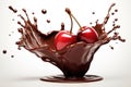 Juicy red cherries splashing into a glossy pool of melted chocolate, creating dynamic swirls and droplets. The vibrant color of