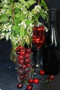 Juicy red cherry with drops and a glass of red wine on a black background close-up, selective focus Royalty Free Stock Photo