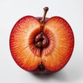 A juicy red plum split in half, showing its pit Royalty Free Stock Photo