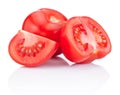 Juicy red tomato, half and slice on white background