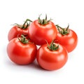 5 juicy red tomatoes in a tomato pod with stems and short green leaves. Generate AI