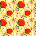 Juicy red watercolor apples seamless pattern with apple slices